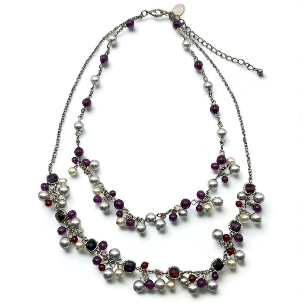 Laila Rowe Tiered Necklace Dainty Bead Purple Red Dangles Antiqued Silver Tone